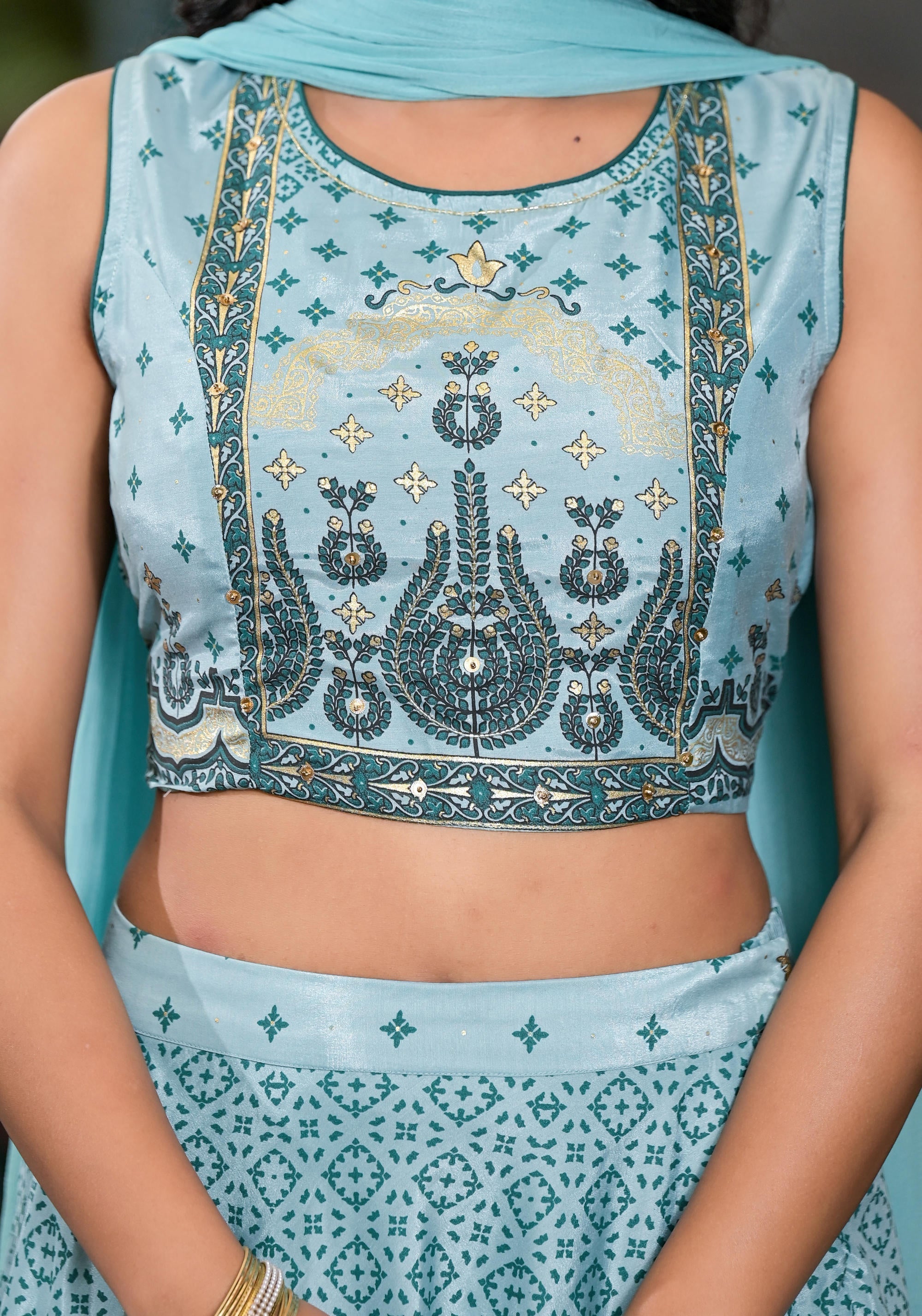Aqua Ethnic Motif Printed Lehenga Set With Sequins & Gota Patti | Desi