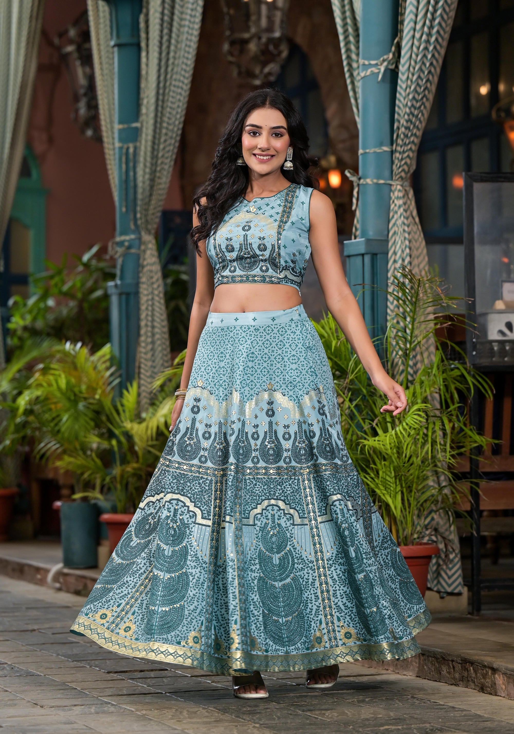 Aqua Ethnic Motif Printed Lehenga Set With Sequins & Gota Patti | Desi