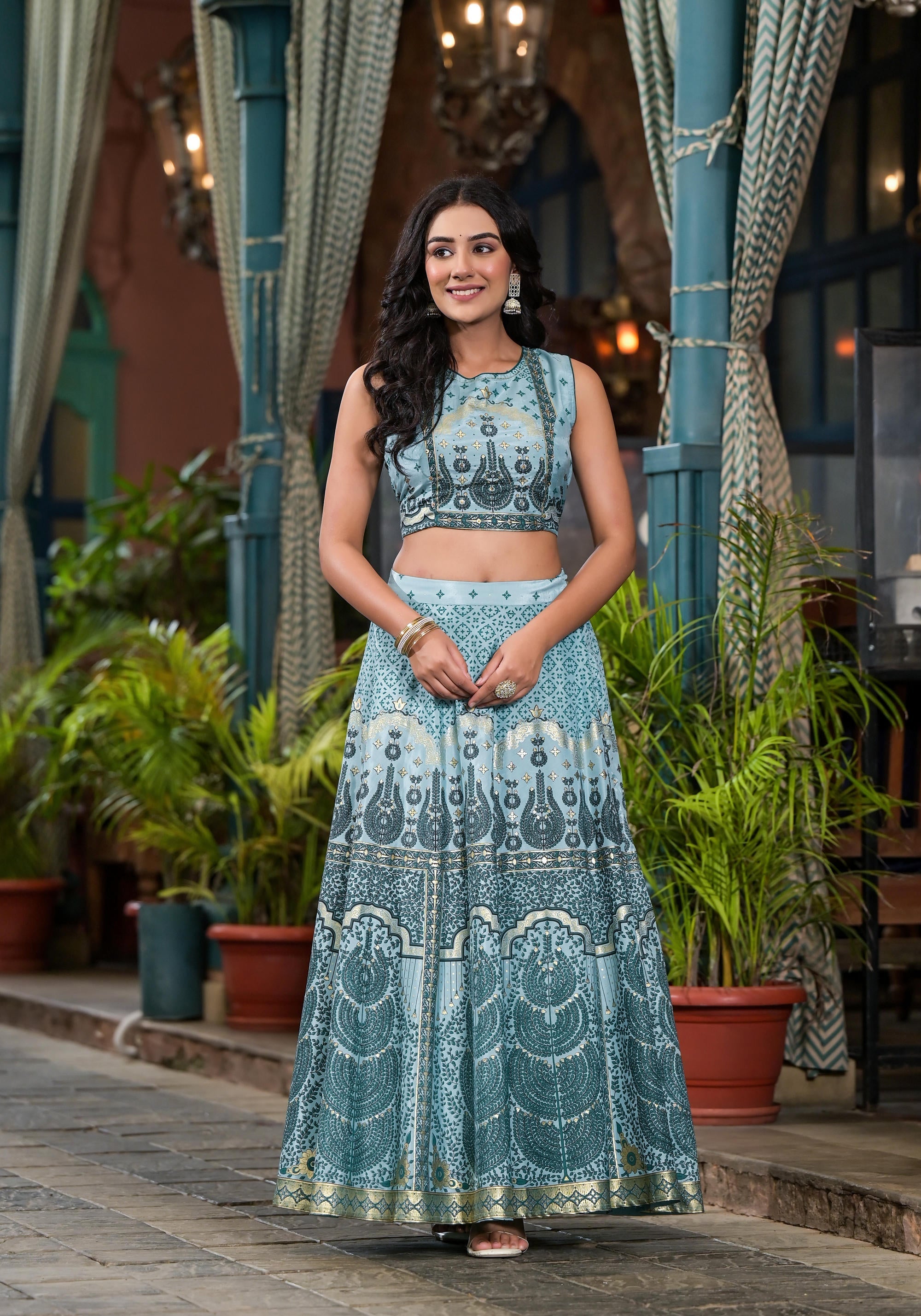 Aqua Ethnic Motif Printed Lehenga Set With Sequins & Gota Patti | Desi