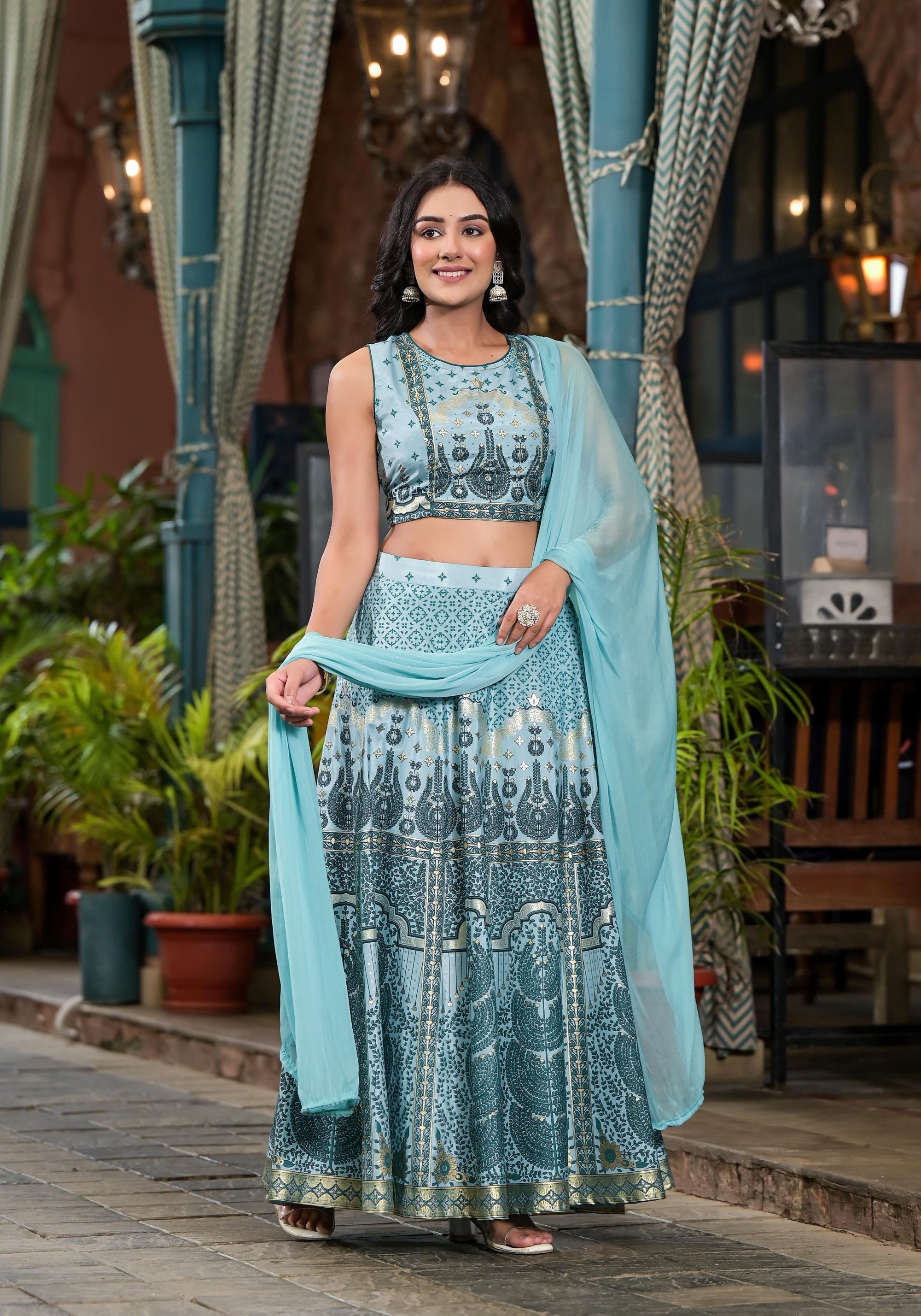 Aqua Ethnic Motif Printed Lehenga Set With Sequins & Gota Patti | Desi
