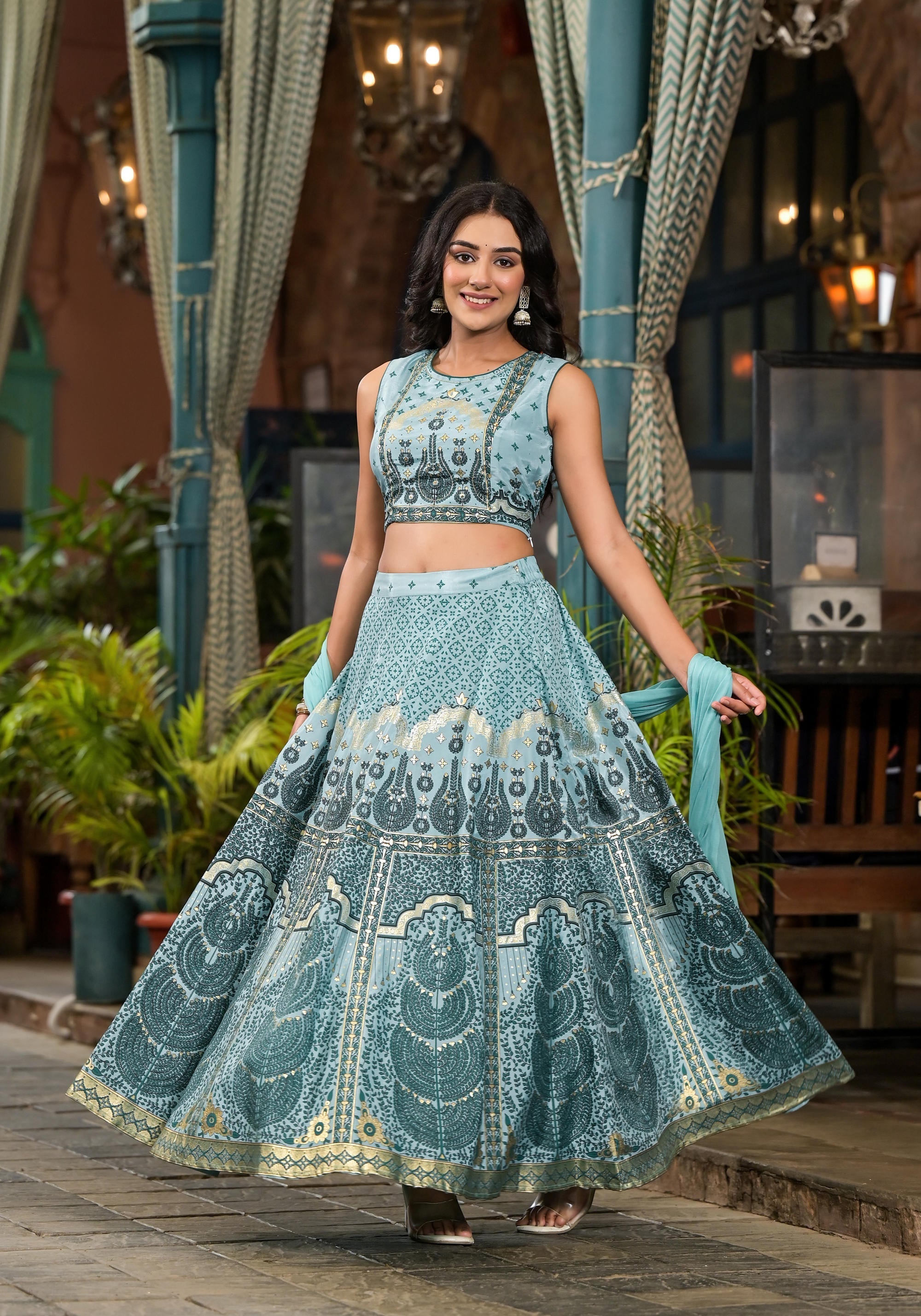 Aqua Ethnic Motif Printed Lehenga Set With Sequins & Gota Patti | Desi