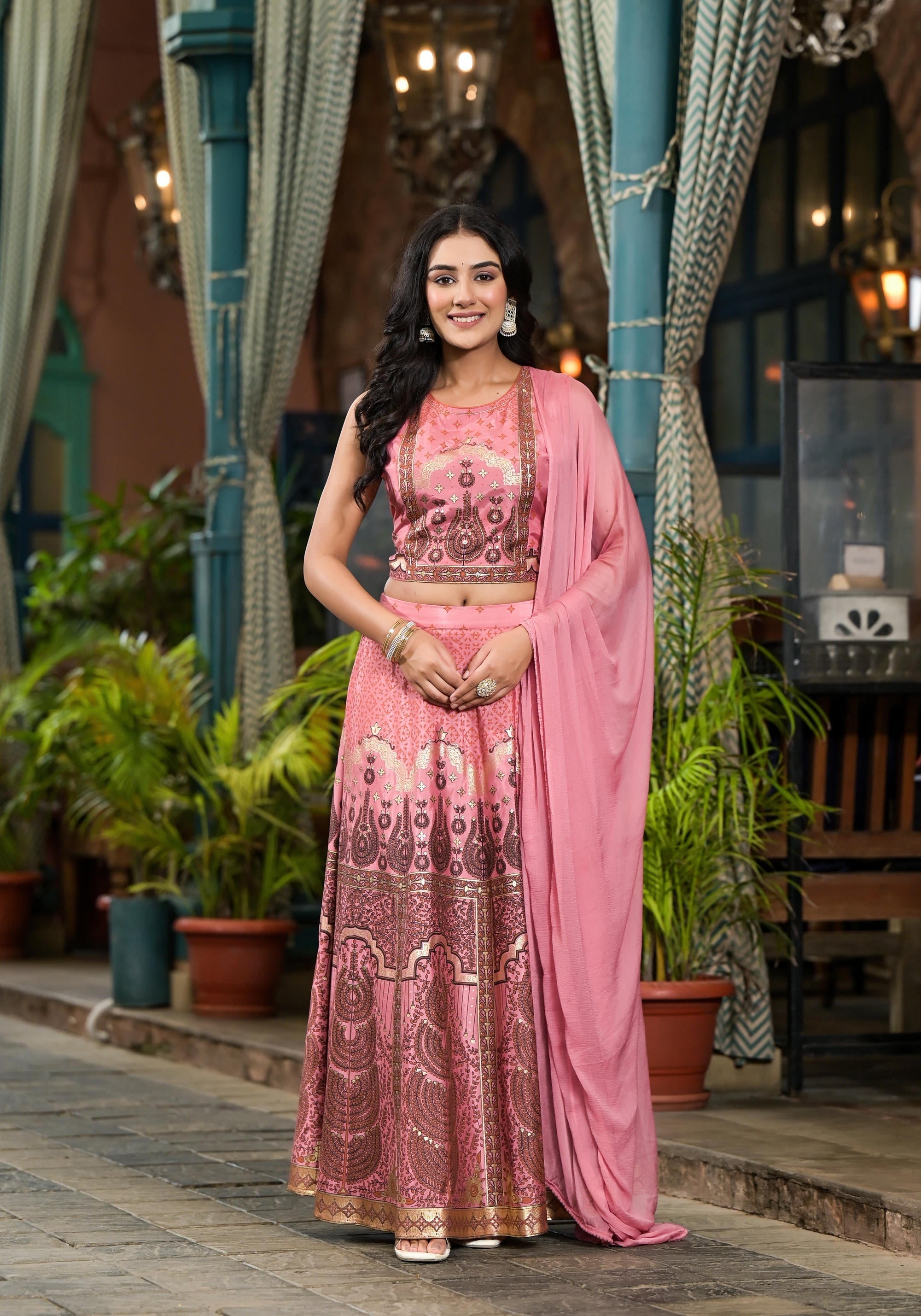 Pink Ethnic Motif Printed Lehenga Set With Sequins & Gota Patti | Desi