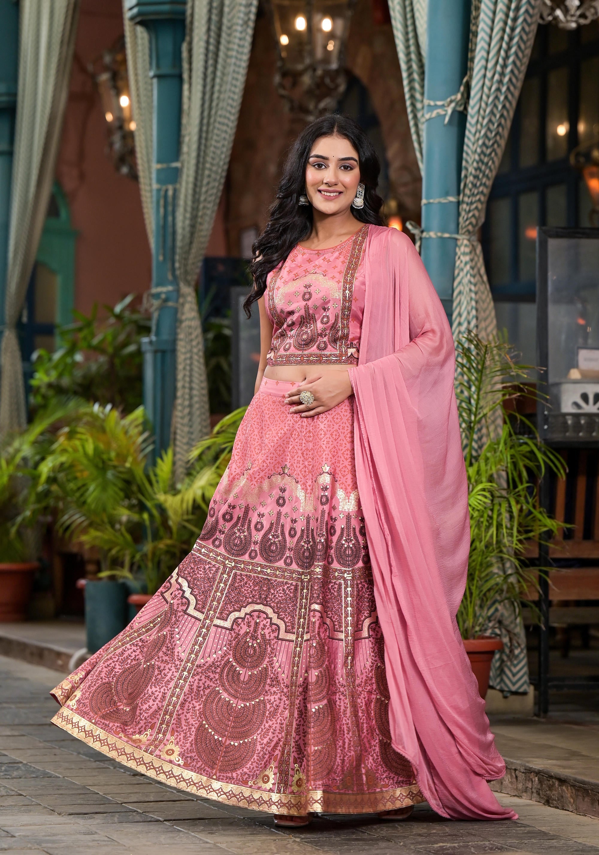 Pink Ethnic Motif Printed Lehenga Set With Sequins & Gota Patti | Desi
