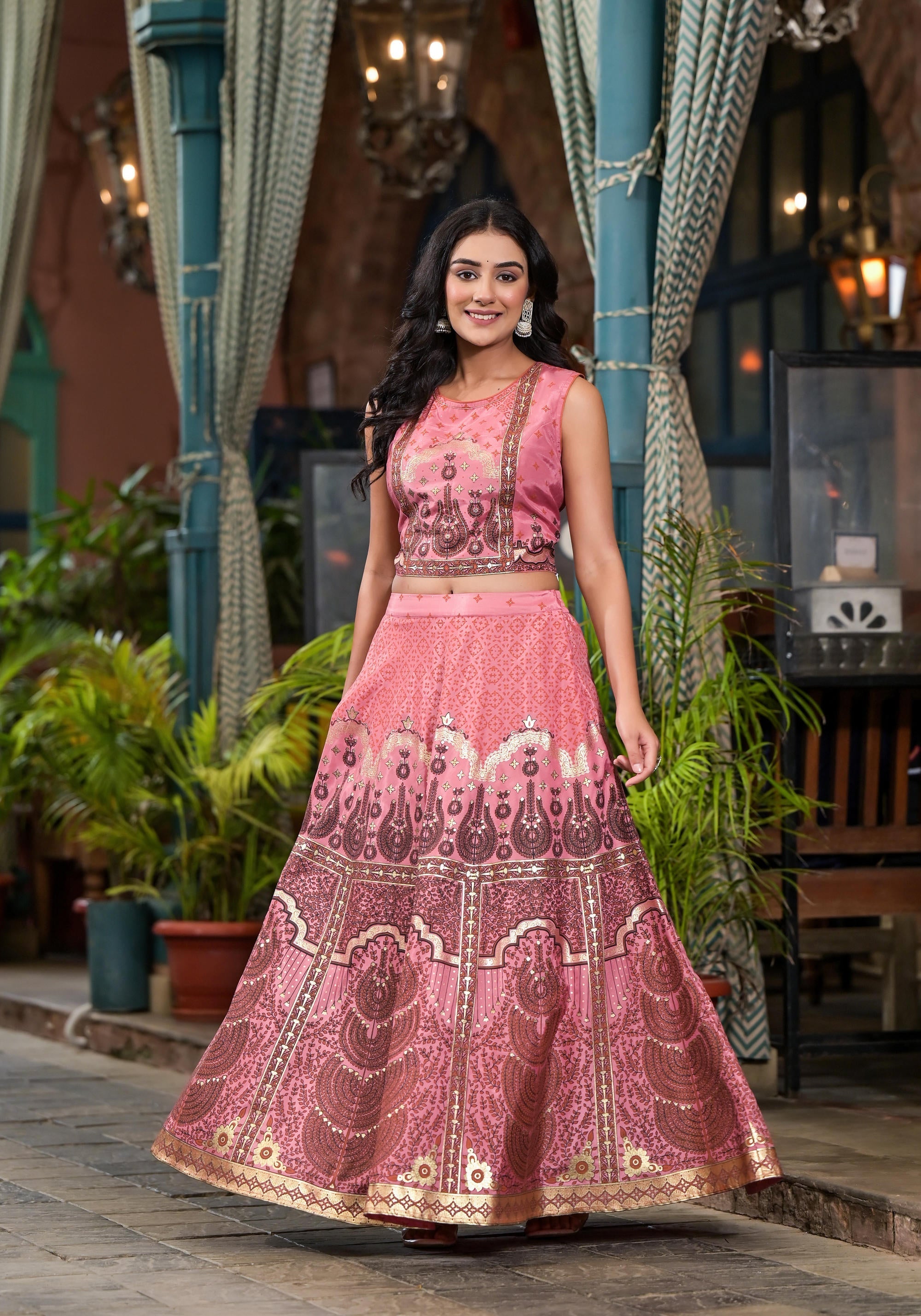 Pink Ethnic Motif Printed Lehenga Set With Sequins & Gota Patti | Desi