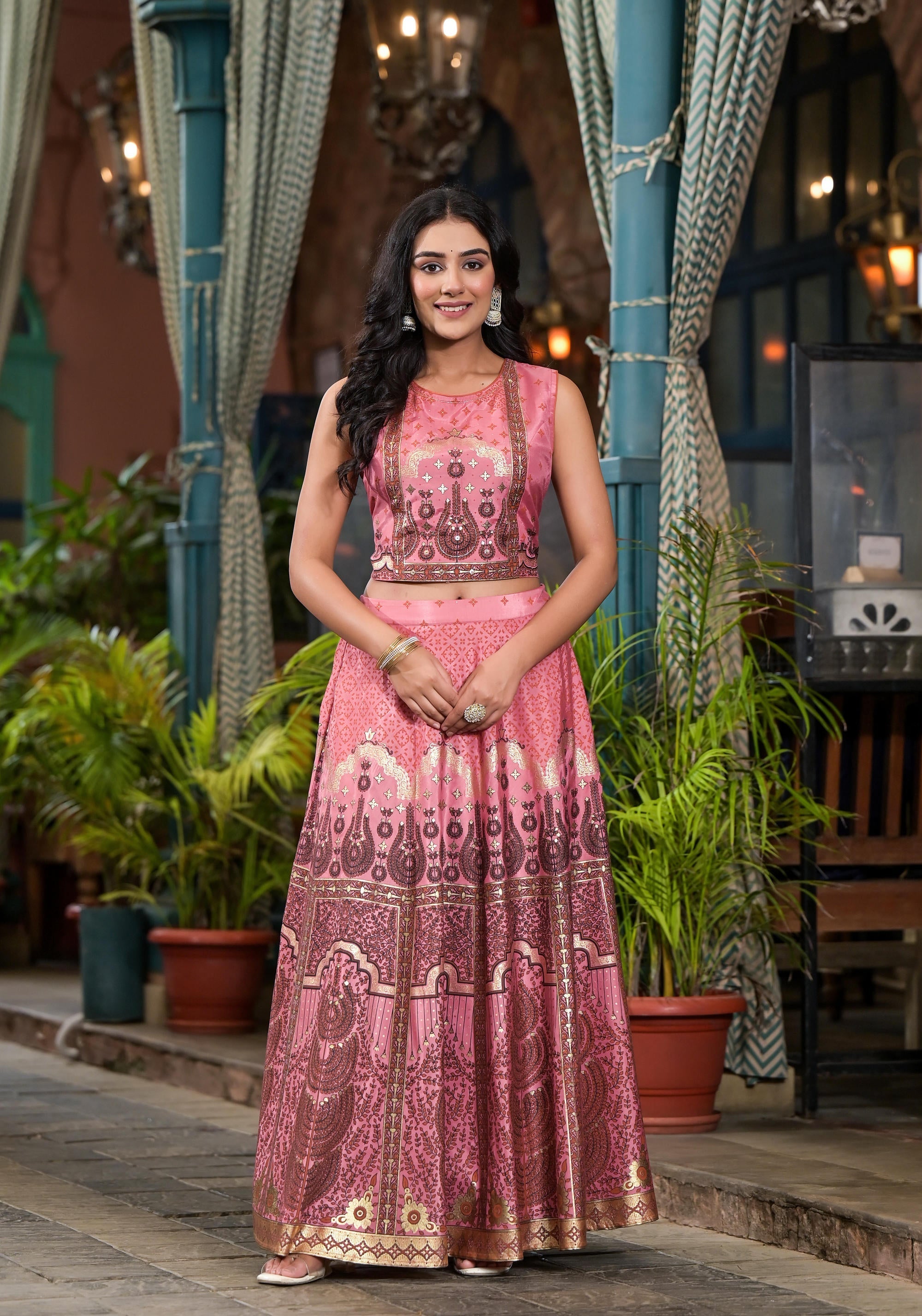 Pink Ethnic Motif Printed Lehenga Set With Sequins & Gota Patti | Desi
