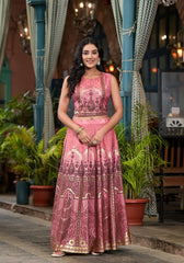 Pink Ethnic Motif Printed Lehenga Set With Sequins & Gota Patti