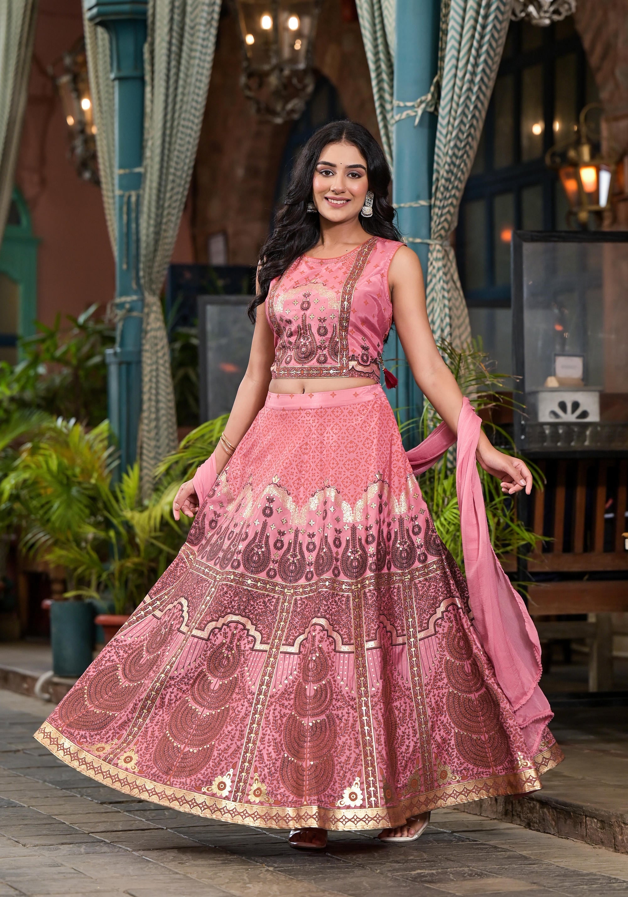 Pink Ethnic Motif Printed Lehenga Set With Sequins & Gota Patti | Desi