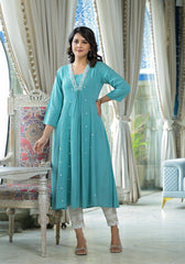 Sky Blue Thread Embroidered Liva Rayon Kurta With Mirror Work-J4742SKYBLUE