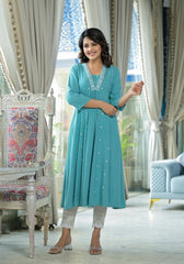 Sky Blue Thread Embroidered Liva Rayon Kurta With Mirror Work-J4742SKYBLUE