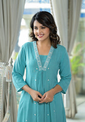 Sky Blue Thread Embroidered Liva Rayon Kurta With Mirror Work-J4742SKYBLUE
