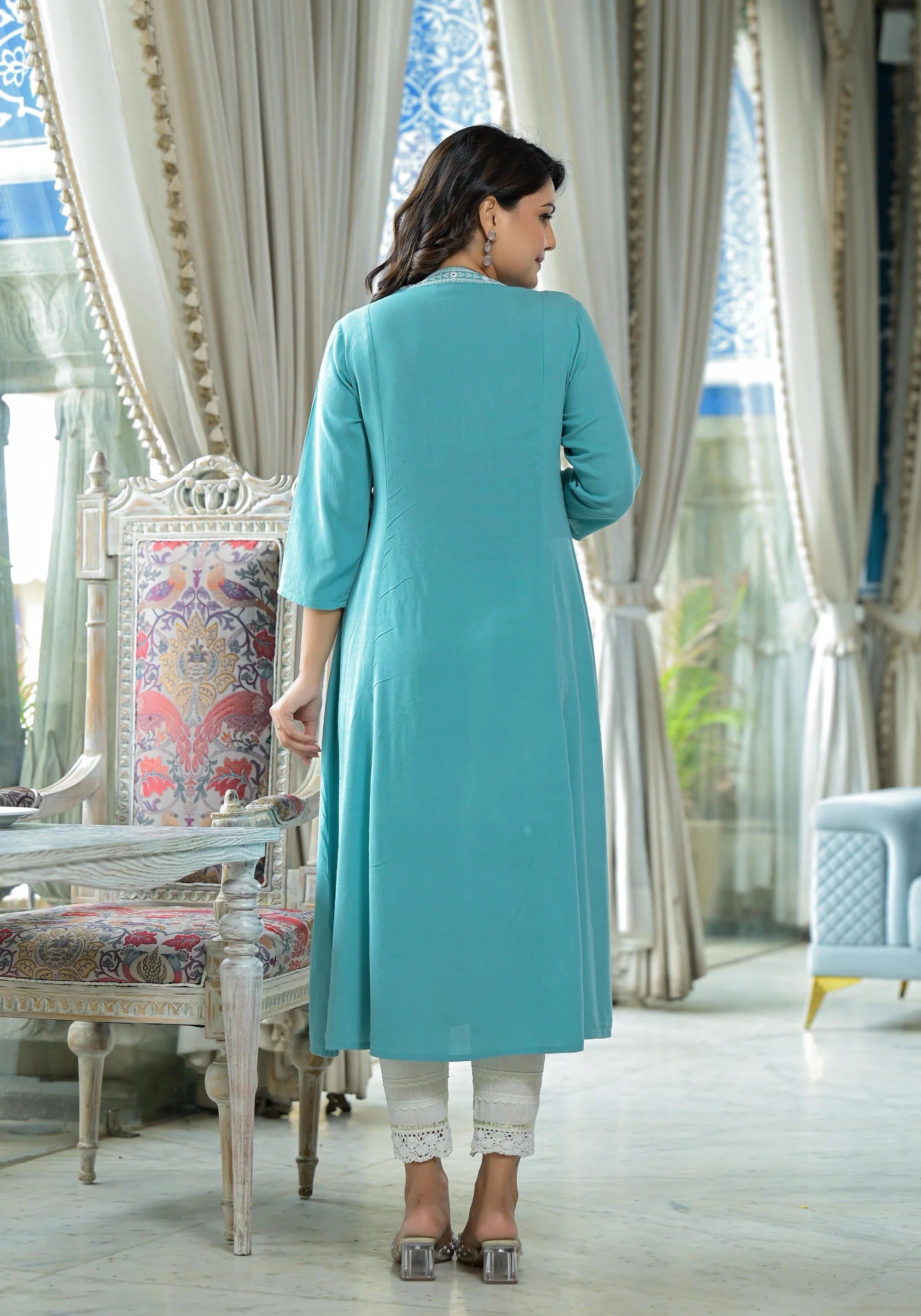 Sky Blue Embroidered Kurta | Indian Kurta Ladies