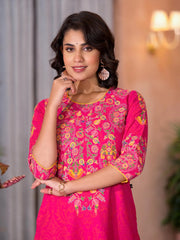 Pink Thread Embroidered Liva Rayon Kurta Pant And Dupatta Set With Sequins Beads & Lace-J4744PINK