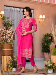 Pink Thread Embroidered Liva Rayon Kurta Pant And Dupatta Set With Sequins Beads & Lace-J4744PINK