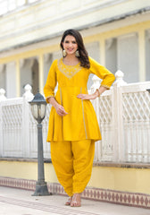 Mustard Solid Viscose Kurta & Pant Set With Zari & Mirror Work-J4745MUSTARD