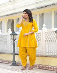 Mustard Solid Viscose Kurta & Pant Set With Zari & Mirror Work-J4745MUSTARD