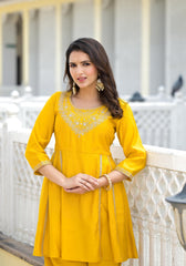 Mustard Solid Viscose Kurta & Pant Set With Zari & Mirror Work-J4745MUSTARD