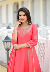 Peach Solid Viscose Kurta & Pant Set With Zari & Mirror Work-J4745PEACH