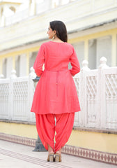 Peach Solid Viscose Kurta & Pant Set With Zari & Mirror Work-J4745PEACH