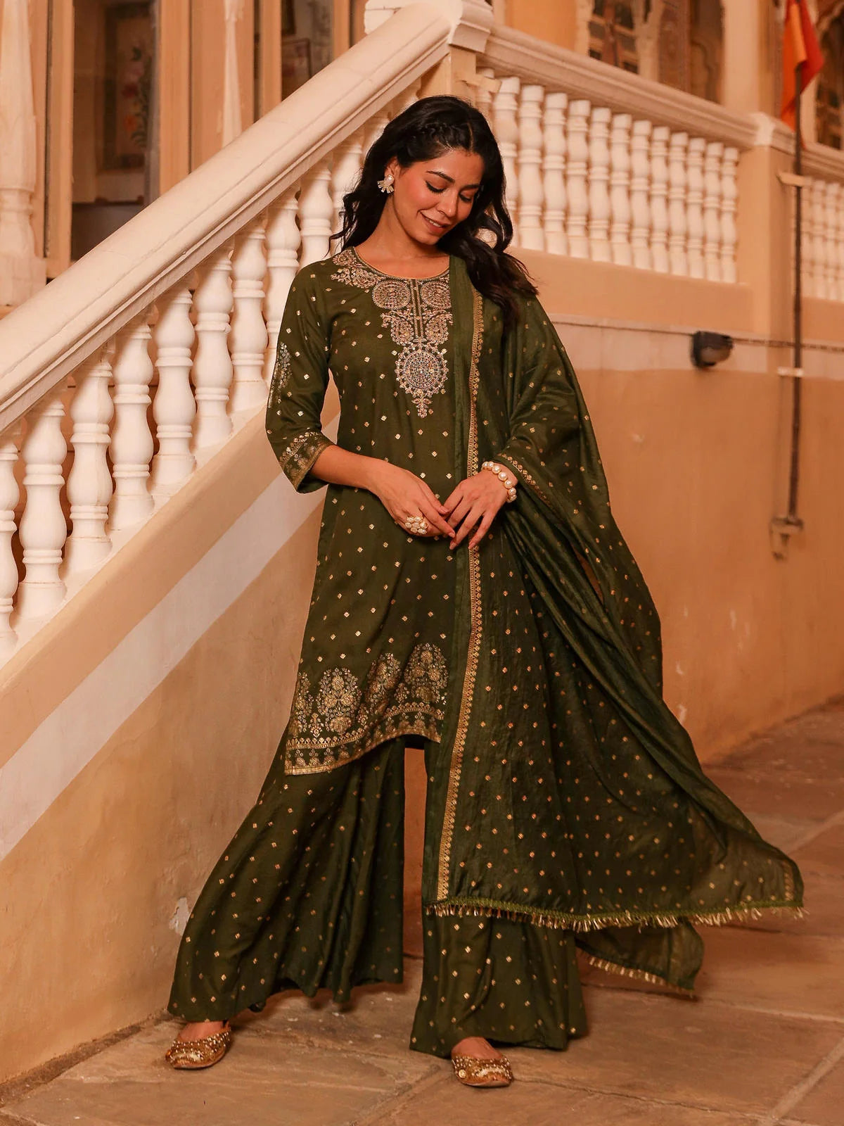 Swarn Olive Kurta Set with Zari & Sequins | DesiQlo