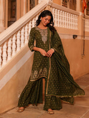 The Swarn Olive Ethnic Motif Printed Rayon Kurta Pant And Dupatta With Zari Work & Sequins-J4746OLIVE