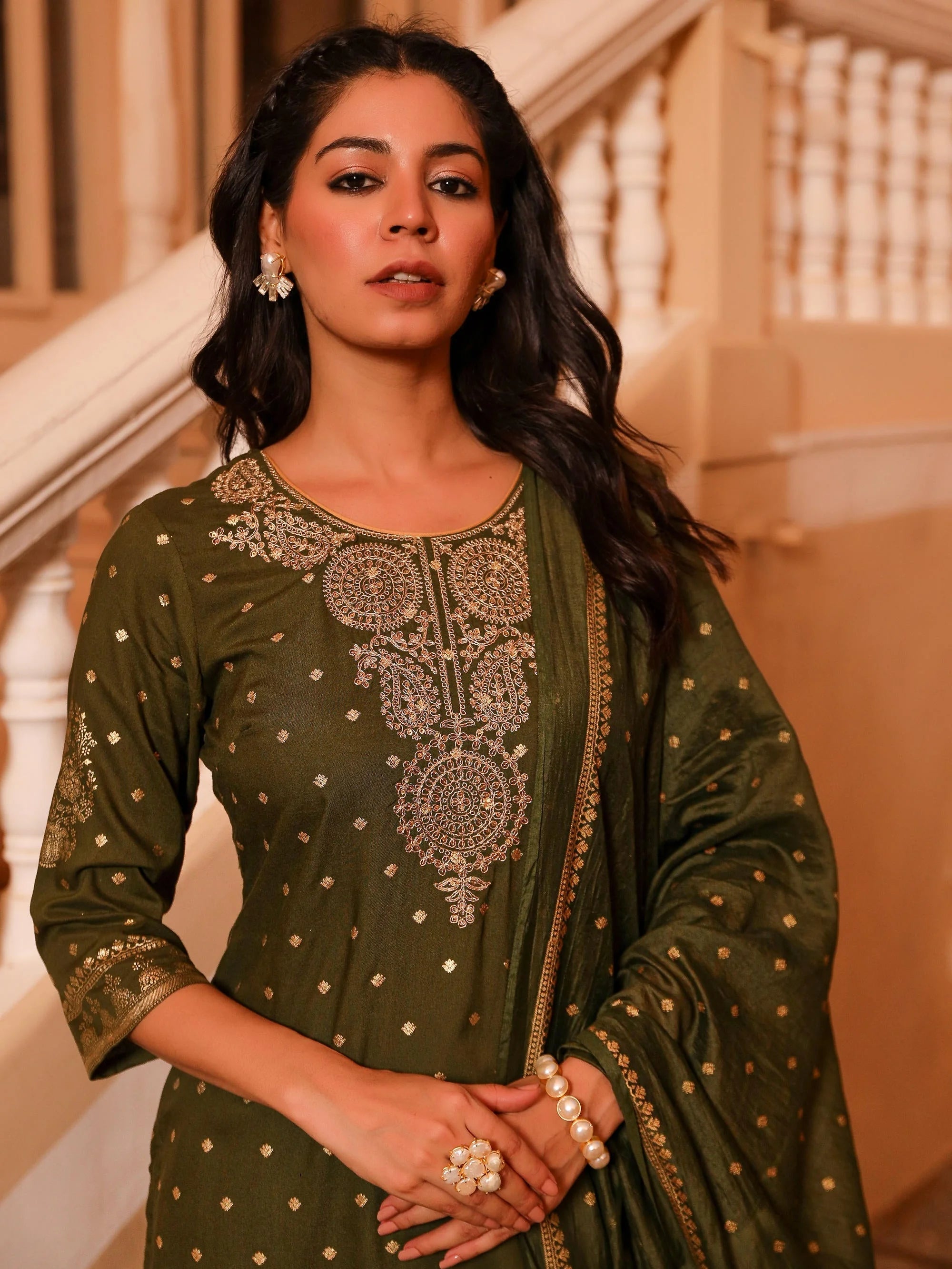 Swarn Olive Kurta Set with Zari & Sequins | DesiQlo