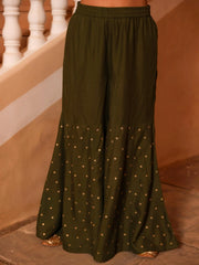 The Swarn Olive Ethnic Motif Printed Rayon Kurta Pant And Dupatta With Zari Work & Sequins-J4746OLIVE