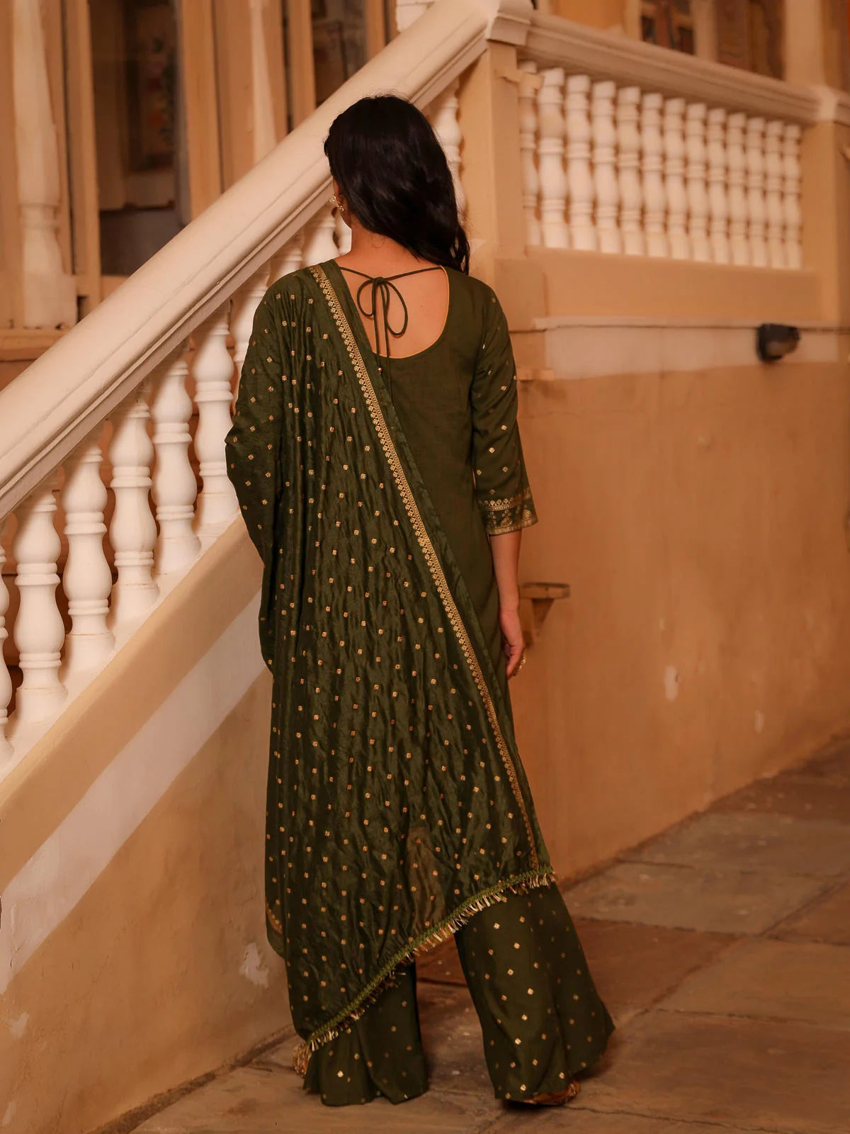 Swarn Olive Kurta Set with Zari & Sequins | DesiQlo