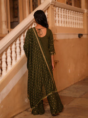 The Swarn Olive Ethnic Motif Printed Rayon Kurta Pant And Dupatta With Zari Work & Sequins-J4746OLIVE