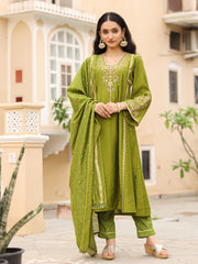 The Swarn Mehndi Green Thread Embroidered Viscose Kurta Pant And Dupatta With Mirror & Zari work-J4747MEHNDIGREEN