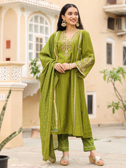 The Swarn Mehndi Green Thread Embroidered Viscose Kurta Pant And Dupatta With Mirror & Zari work-J4747MEHNDIGREEN