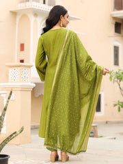 The Swarn Mehndi Green Thread Embroidered Viscose Kurta Pant And Dupatta With Mirror & Zari work-J4747MEHNDIGREEN