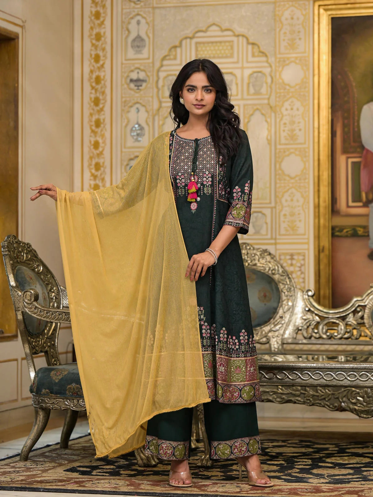 Floral Rayon Kurta Set: Thread Work, Tassels, Kurta Set With D...
