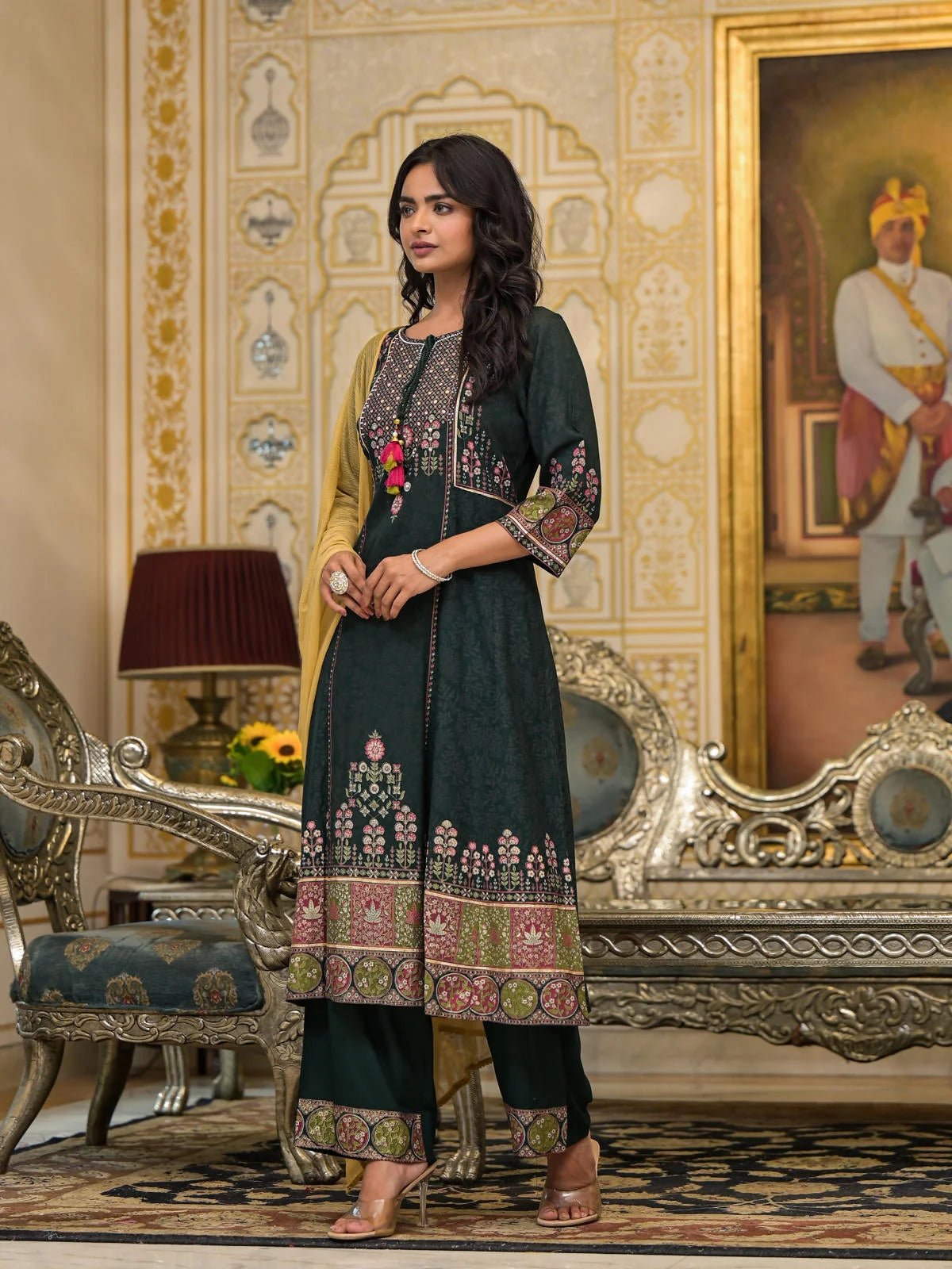 Floral Rayon Kurta Set: Thread Work, Tassels, Kurta Set With D...