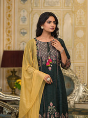 Green Floral Printed Rayon Kurta Pant With Dupatta Set With Thread Work & Tassels-J4749GREEN