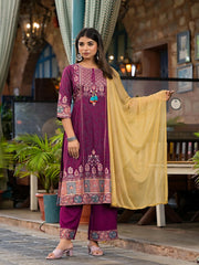 Plum Floral Printed Liva Rayon Kurta Pant And Dupatta Set With Thread Work Gota Patti & Beads-J4749PLUM