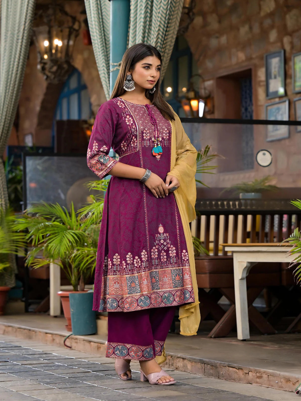 Plum Printed Kurta Set with Dupatta - Women's Indian Kurta Sets