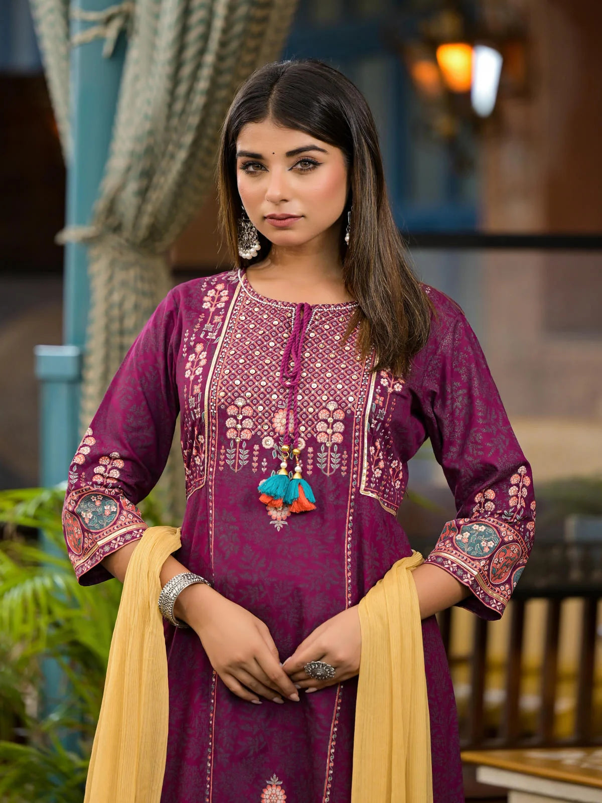 Plum Printed Kurta Set with Dupatta - Women's Indian Kurta Sets