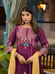Plum Floral Printed Liva Rayon Kurta Pant And Dupatta Set With Thread Work Gota Patti & Beads-J4749PLUM