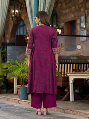 Plum Floral Printed Liva Rayon Kurta Pant And Dupatta Set With Thread Work Gota Patti & Beads-J4749PLUM