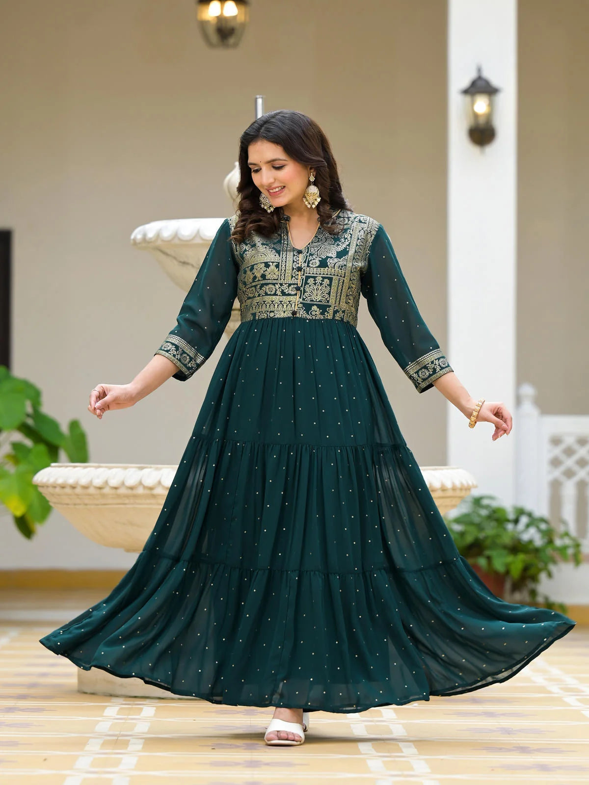 Green Floral Sequined Georgette Indian Dresses Online