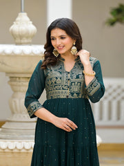 Green Floral Printed Georgette Dress With Sequins-J4750GREEN