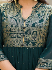 Green Floral Printed Georgette Dress With Sequins-J4750GREEN