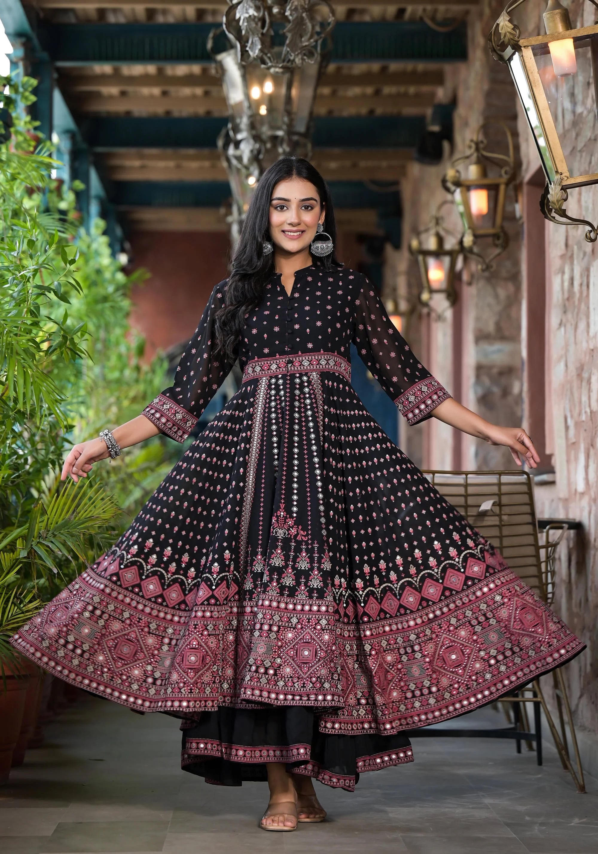 Black Ethnic Mirror Work Georgette Indian Dresses Online