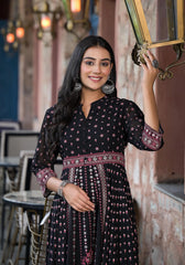 Black Ethnic Motif Printed Georgette A-line Dress With Mirror Work & Sequins-J4751BLACK