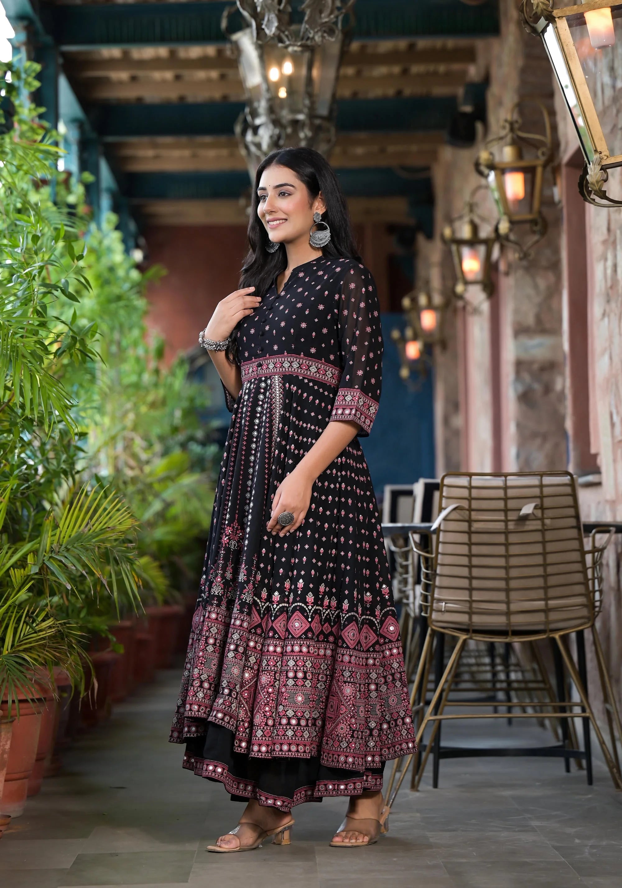 Black Ethnic Mirror Work Georgette Indian Dresses Online