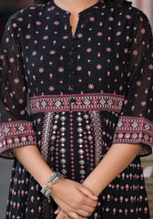 Black Ethnic Motif Printed Georgette A-line Dress With Mirror Work & Sequins-J4751BLACK