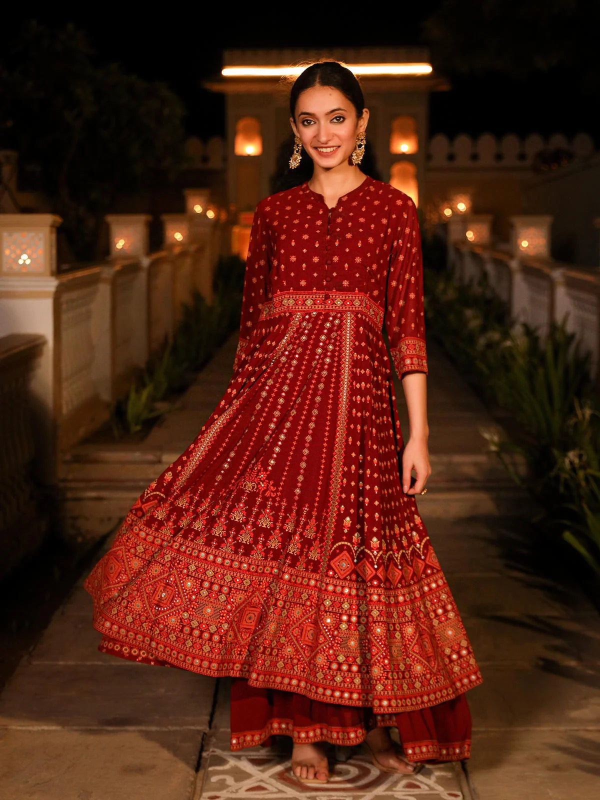 The Mahautsawam Maroon Ethnic Motif Printed Georgette Dress With Thread & Mirror Work-J4751MAROON