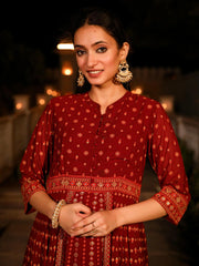 The Mahautsawam Maroon Ethnic Motif Printed Georgette Dress With Thread & Mirror Work-J4751MAROON