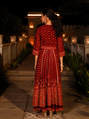 The Mahautsawam Maroon Ethnic Motif Printed Georgette Dress With Thread & Mirror Work-J4751MAROON