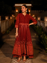 The Mahautsawam Maroon Ethnic Motif Printed Georgette Dress With Thread & Mirror Work-J4751MAROON